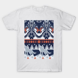 Fair isle knitting grey wolf // pattern // navy blue and grey wolves orange moons and pine trees T-Shirt